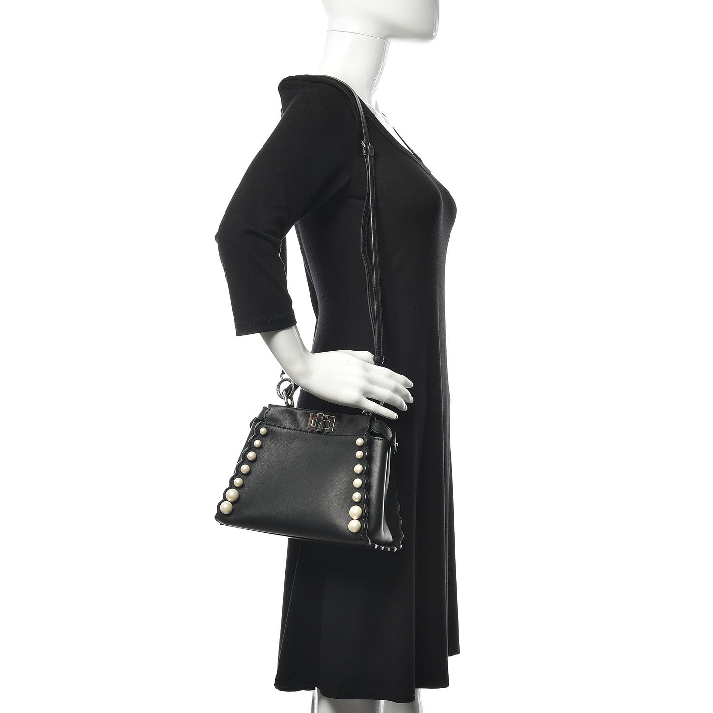 Vitello Seta Shiny Nappa Pearl Scallopped Studded Mini Peekaboo Iconic Satchel Black