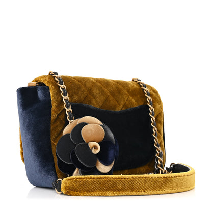 Chanel Velvet Quilted Small Camellia Flap Yellow Navy Charcoal 3 of 12