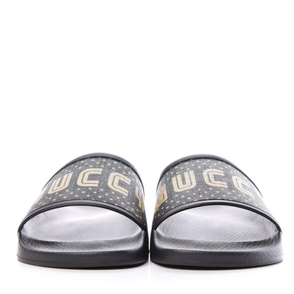 Gucci X SEGA Supreme Canvas GUCCY Stars Mens Slide Sandals 10 Black Gold 2 of 8