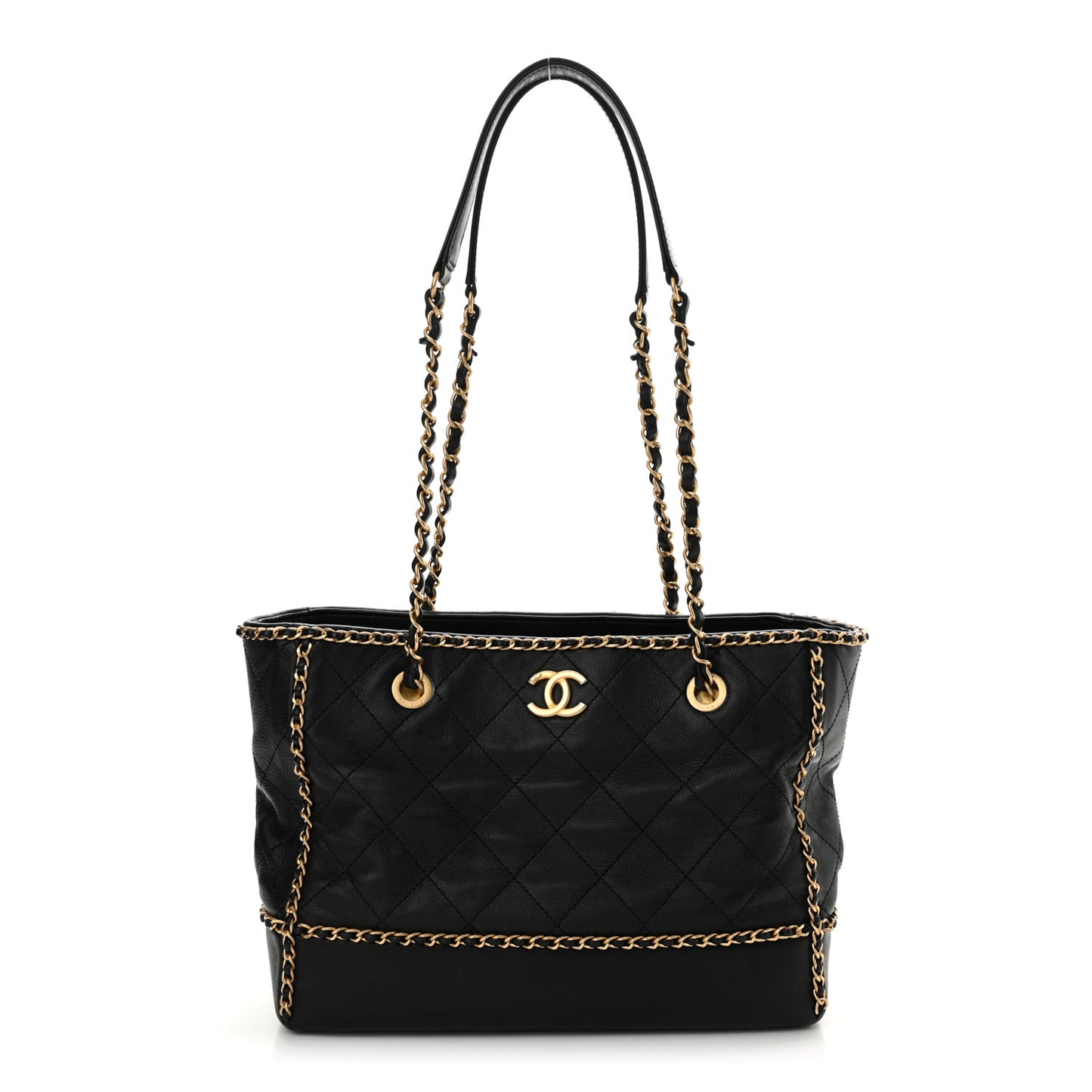 Calfskin Quilted Chain Lines Shopping Tote Black