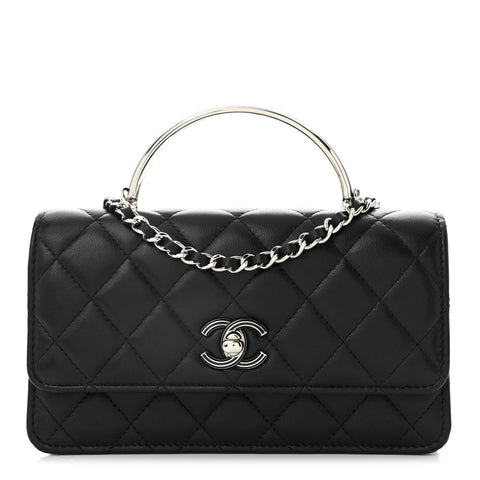 Lambskin Quilted Metal Top Handle Crossbody Flap Black