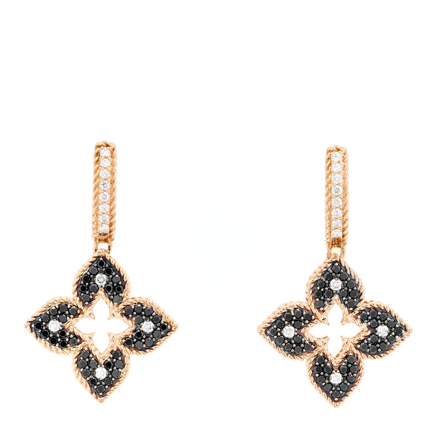 18K Rose Gold Black Diamond Petite Venetian Princess Flower Hoop Earrings
