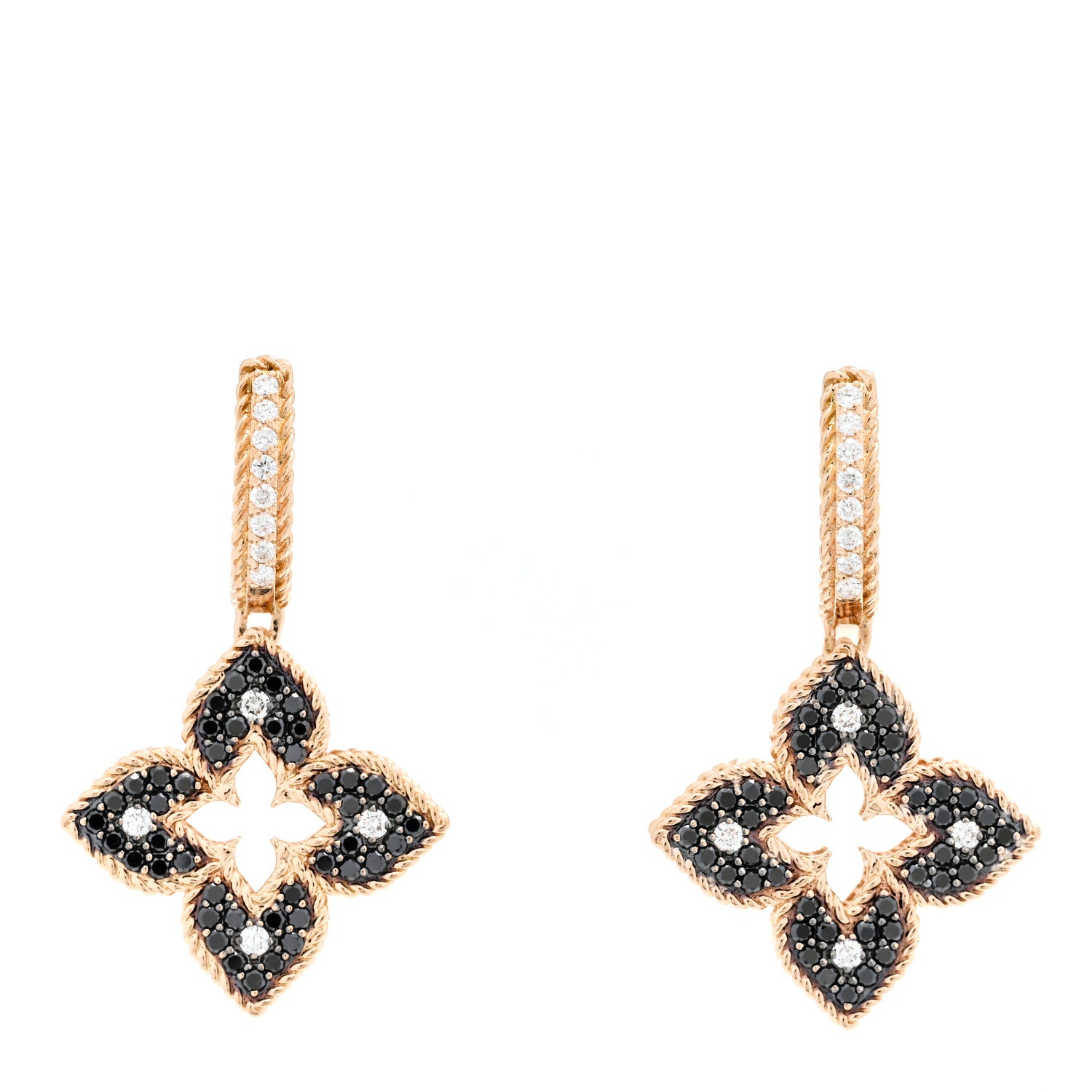 Roberto Coin 18K Rose Gold Black Diamond Petite Venetian Princess Flower Hoop Earrings 1 of 4