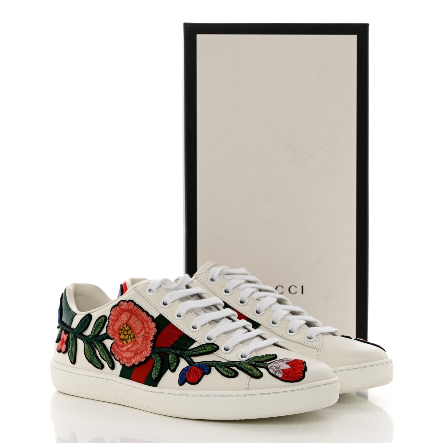Calfskin Web Floral Embroidered Womens Ace Sneakers 37.5 White