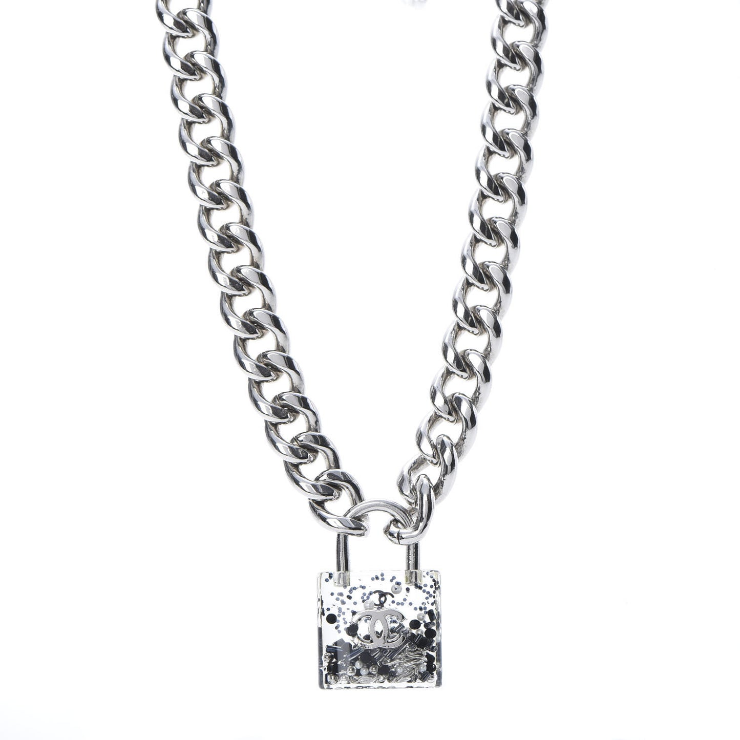 Resin CC Oversized Padlock Chain Necklace Silver Pearly White