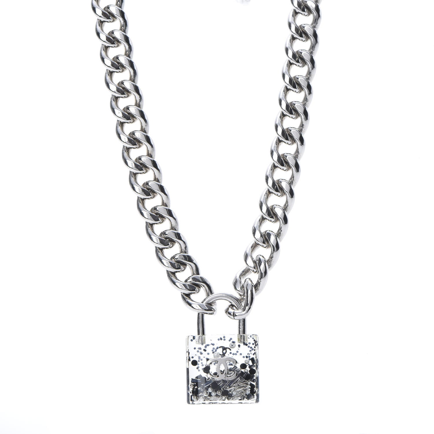 Chanel Resin CC Oversized Padlock Chain Necklace Silver Pearly White 1 of 6