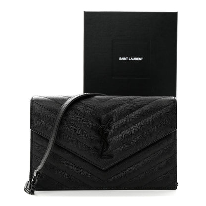 Saint Laurent Grain De Poudre Matelasse Chevron Monochrome Monogam Envelope Chain Wallet Black 11 of 11