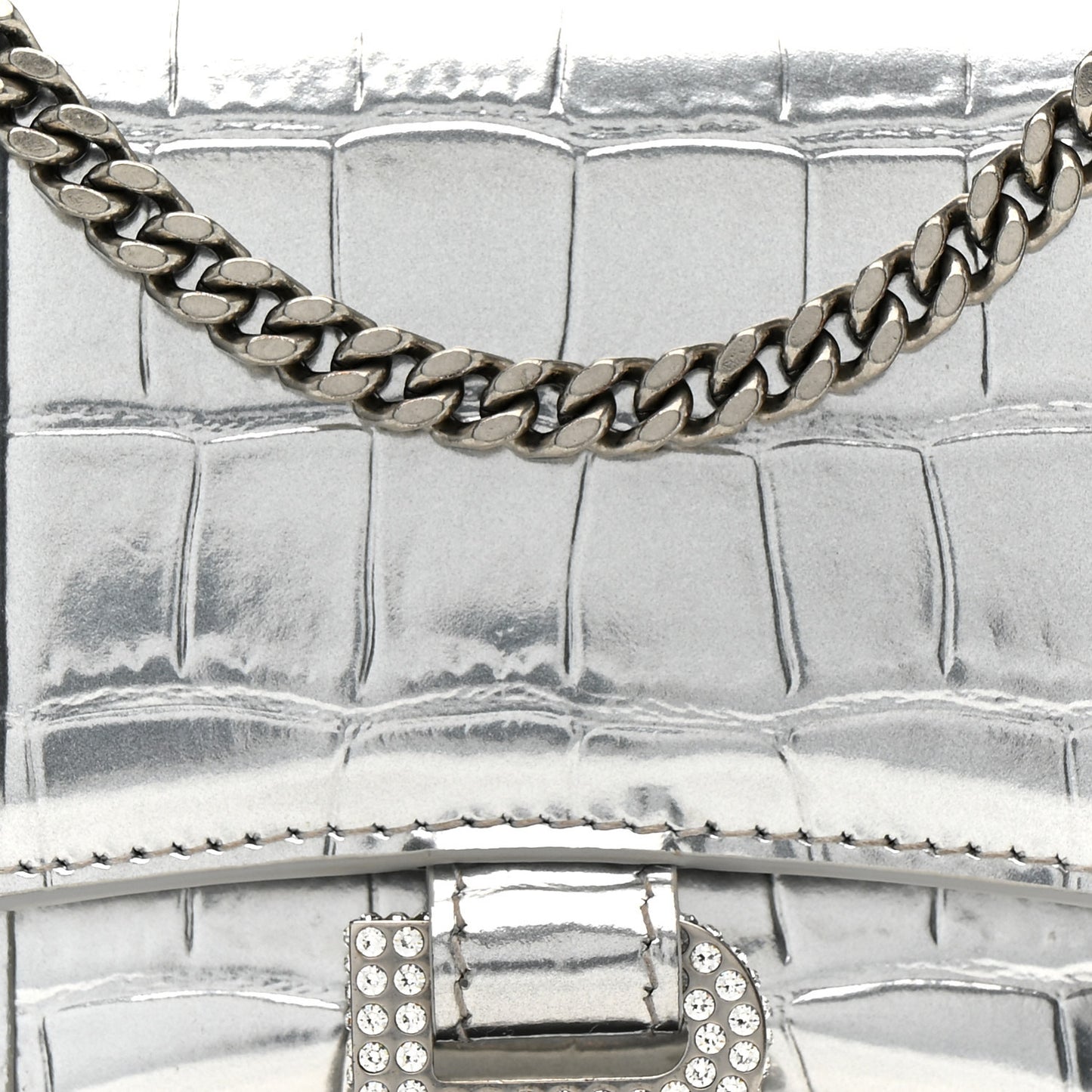 Metallic Calfskin Crocodile Embossed Hourglass Chain Bag Silver