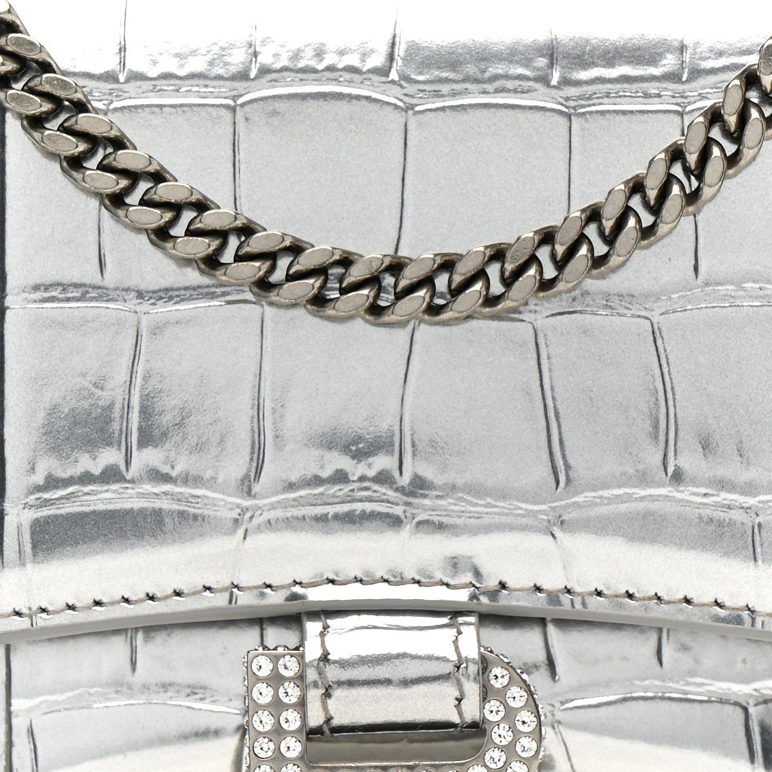 Balenciaga Metallic Calfskin Crocodile Embossed Hourglass Chain Bag Silver 7 of 13