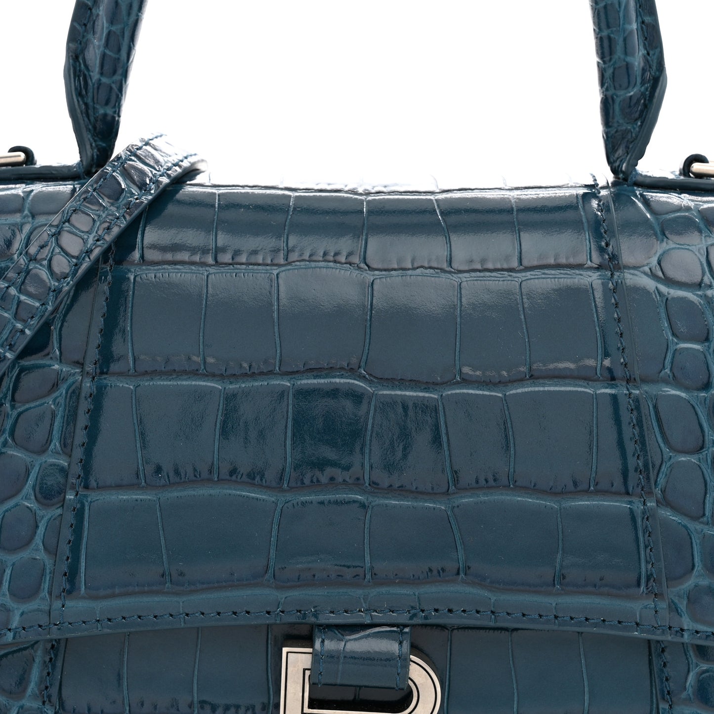 Shiny Calfskin Crocodile Embossed Small Hourglass Top Handle Bag Dark Petrol Blue