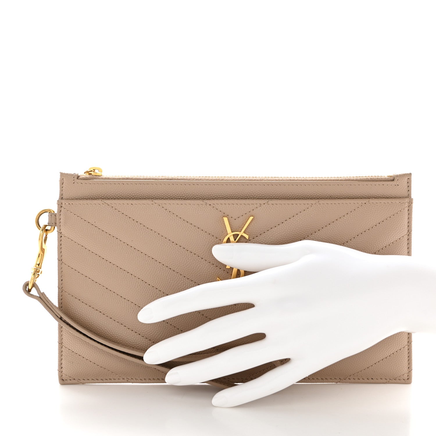 Saint Laurent Grain De Poudre Chevron Monogram Large Bill Pouch Dark Beige 2 of 9