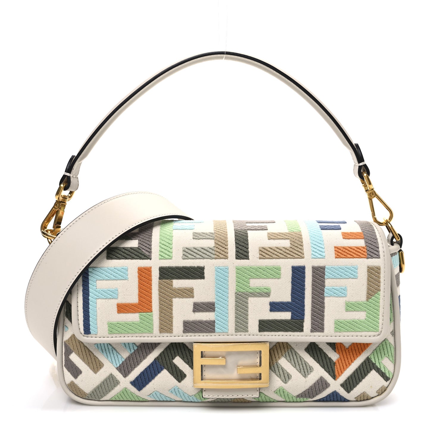 Canvas Vitello Seta FF Multicolor Embroidered Baguette Grezzo Multicolor Latte