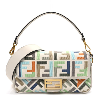 Fendi Canvas Vitello Seta FF Multicolor Embroidered Baguette Grezzo Multicolor Latte 1 of 10