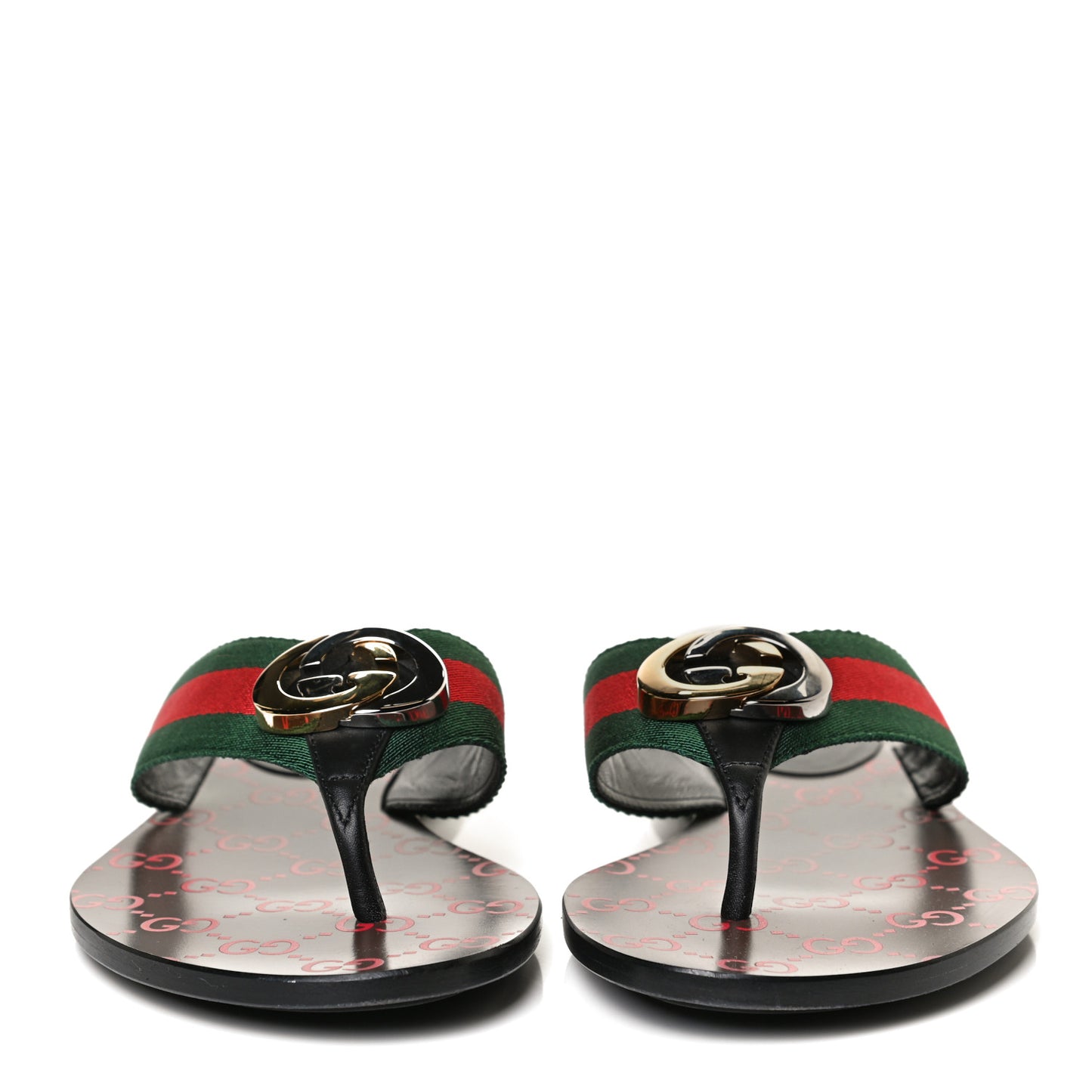 Nylon Calfskin Web GG Monogram Womens Thong Sandals 36 Green Red Cocoa