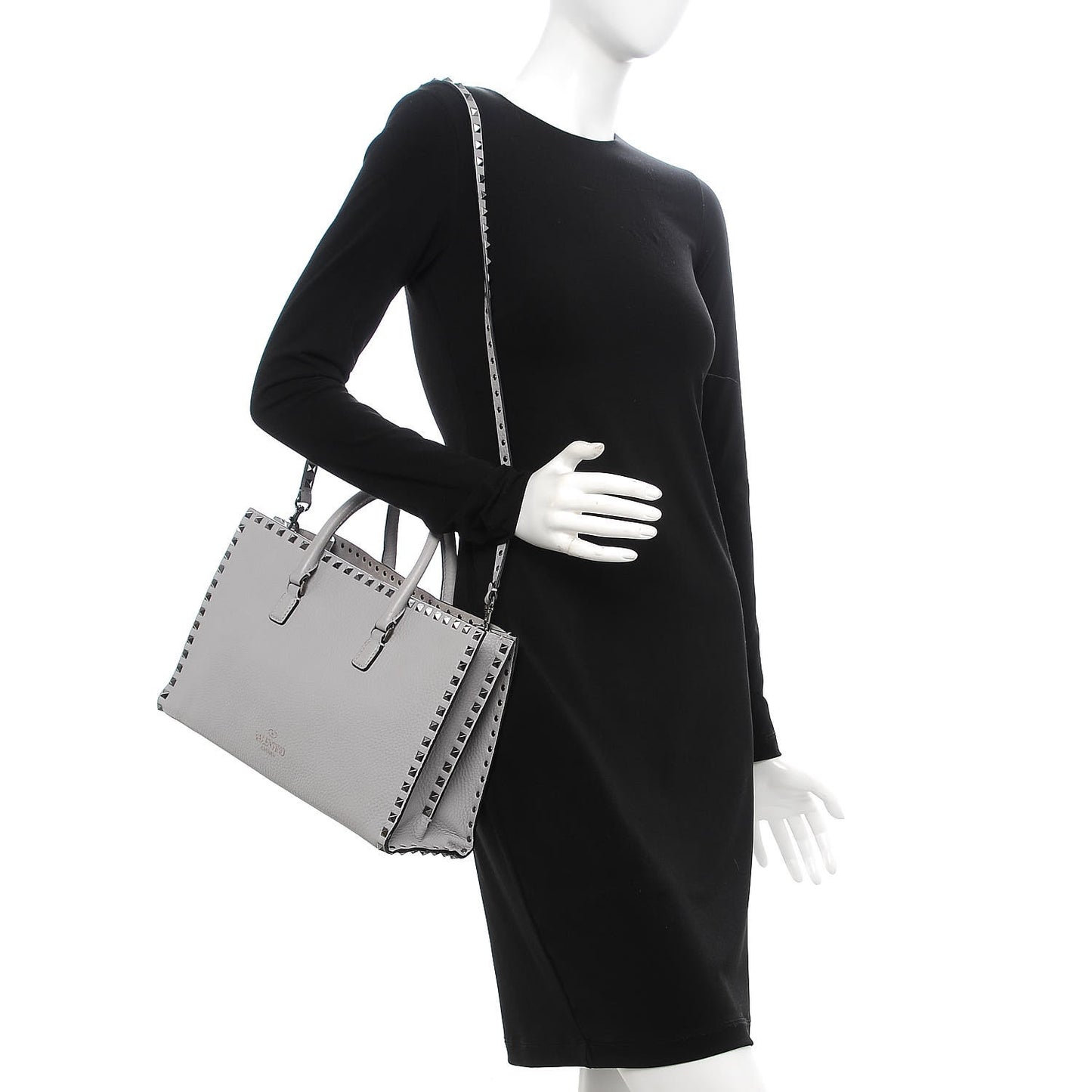 Grained Calfskin Medium Rockstud Double Handle Horizontal Tote Pastel Grey