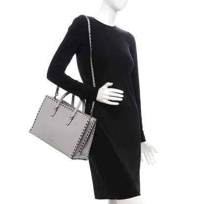 Valentino Garavani Grained Calfskin Medium Rockstud Double Handle Horizontal Tote Pastel Grey 2 of 9
