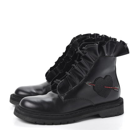 Valentino Garavani Calfskin Ruffle Heart Love Combat Boots 37.5 Black 3 of 10