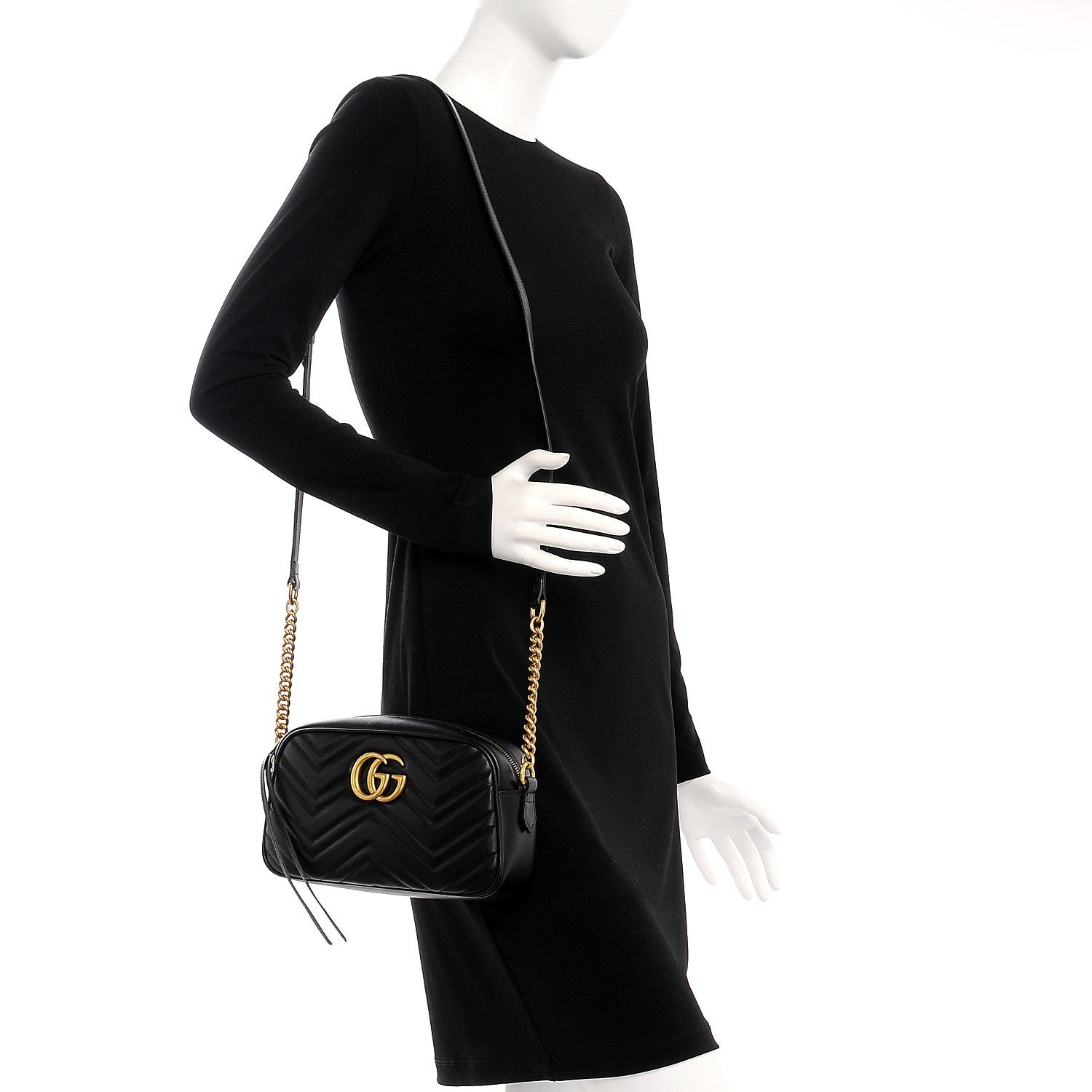 Gucci Calfskin Matelasse Small GG Marmont Chain Shoulder Bag Black 2 of 7