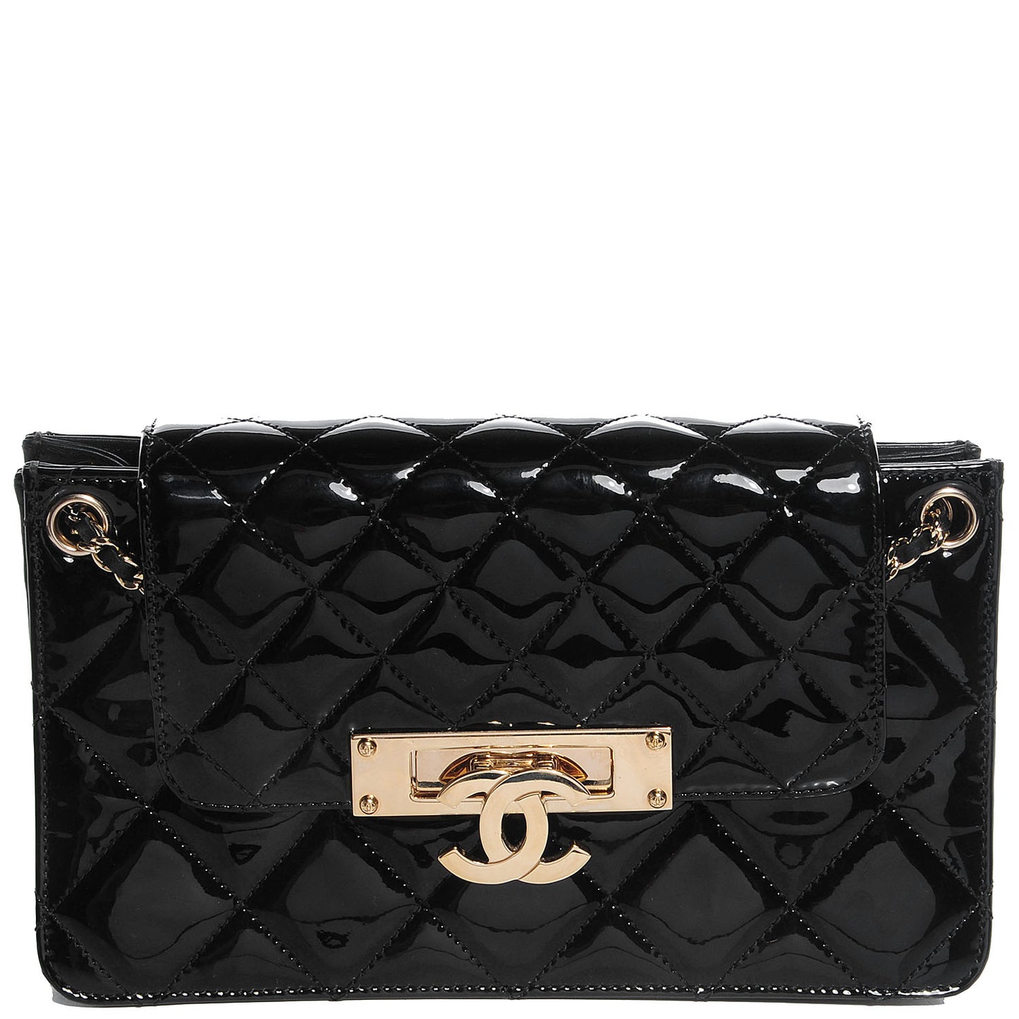 Patent Golden Class Accordion Flap Bag Black