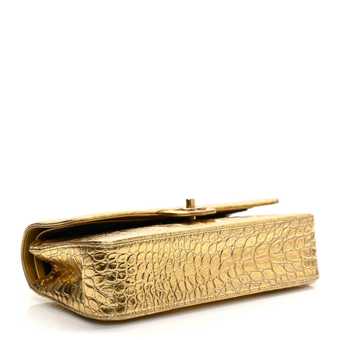 Metallic Calfskin Crocodile Embossed Cocodile Medium Double Flap Gold
