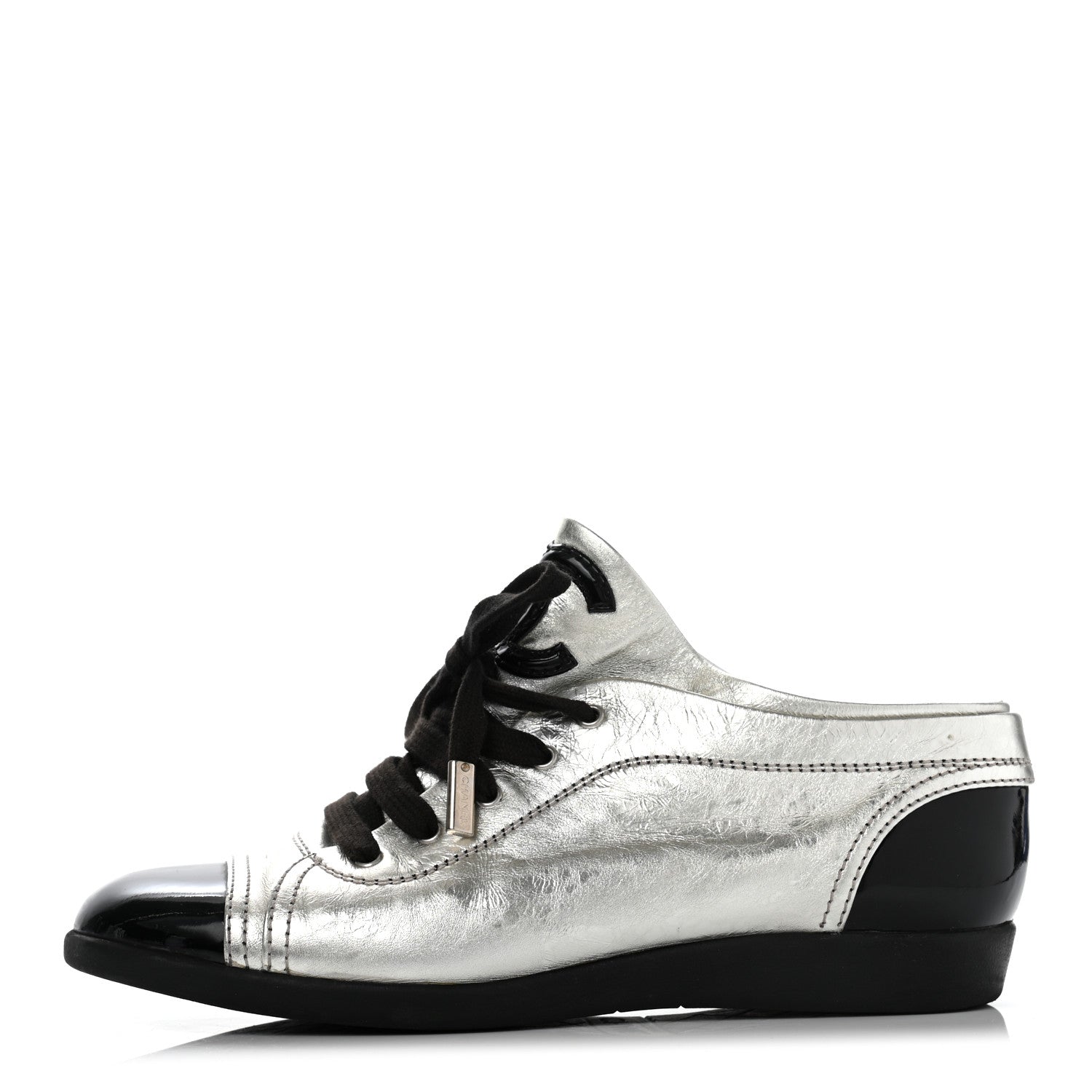 Chanel Metallic Lambskin Patent Cap Toe CC Sneakers 38.5 Silver Black 1 of 13
