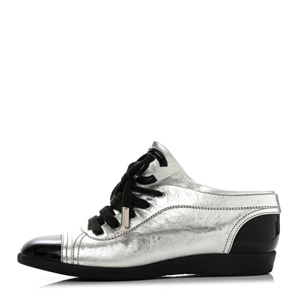 Chanel Metallic Lambskin Patent Cap Toe CC Sneakers 38.5 Silver Black 1 of 13