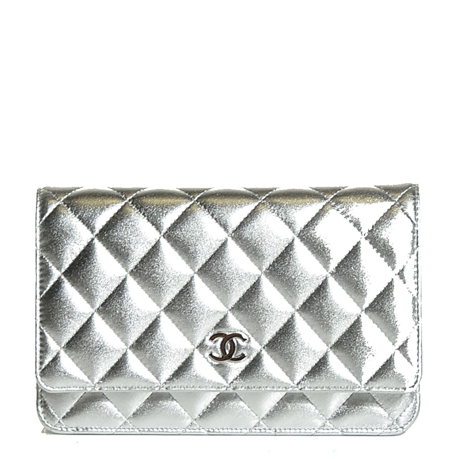 Chanel Lambskin Quilted Wallet On Chain WOC Silver 1 of 8