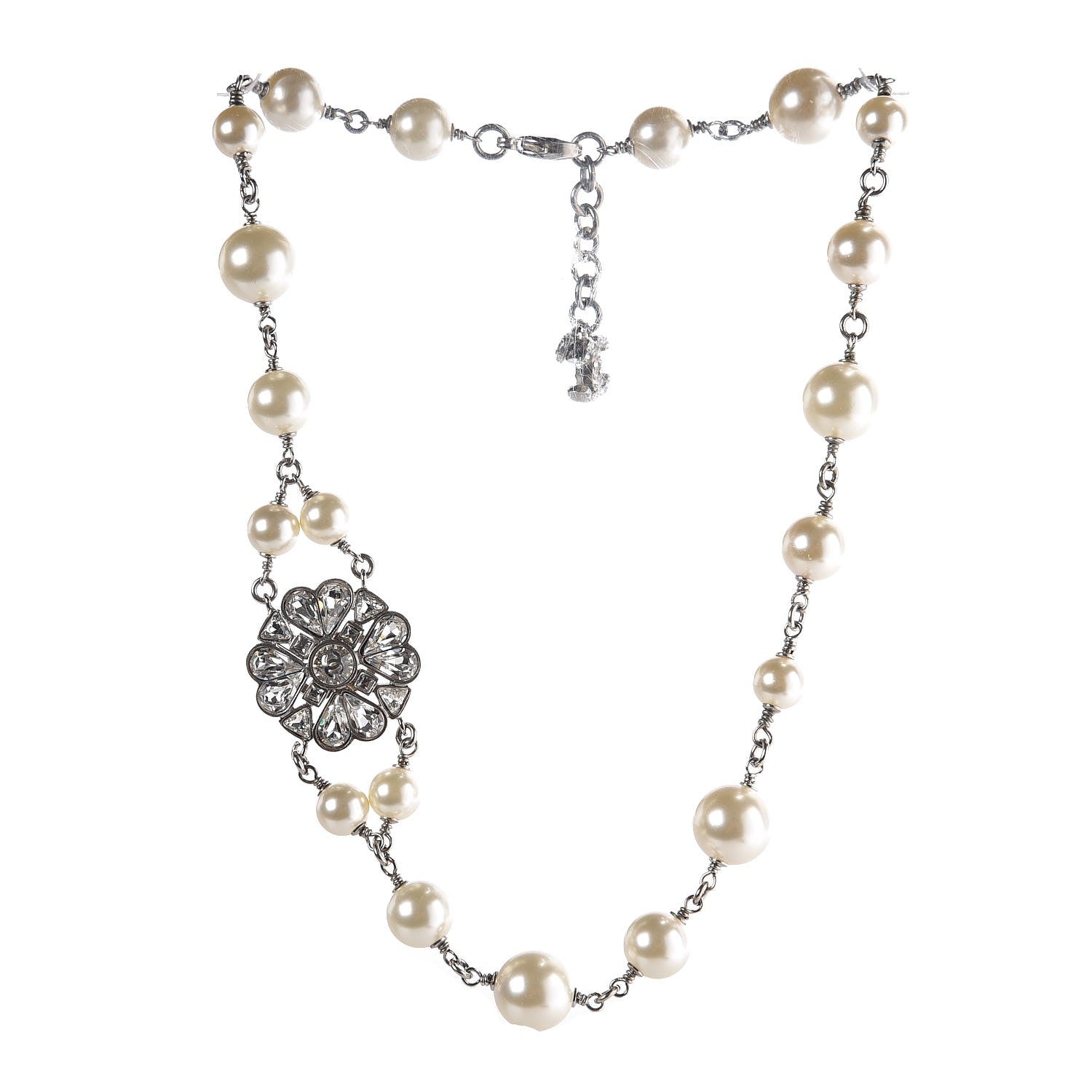 Chanel Pearl Crystal CC Short Necklace Silver 3 of 7