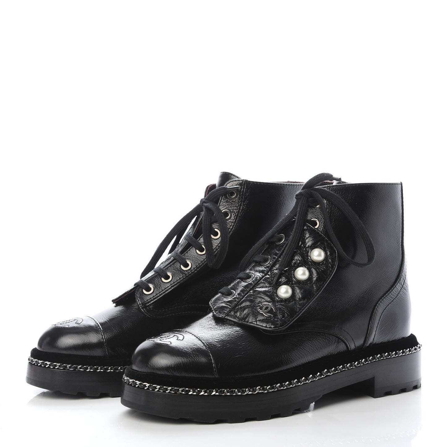 Crackled Calfskin Velvet Pearl Combat Short Boots 37 Black