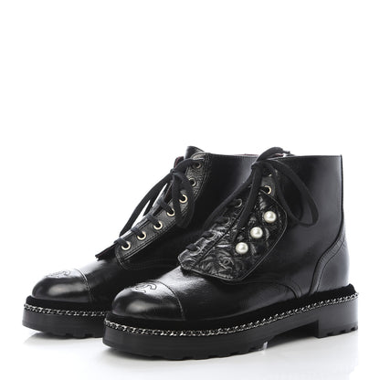 Chanel Crackled Calfskin Velvet Pearl Combat Short Boots 37 Black 3 of 7