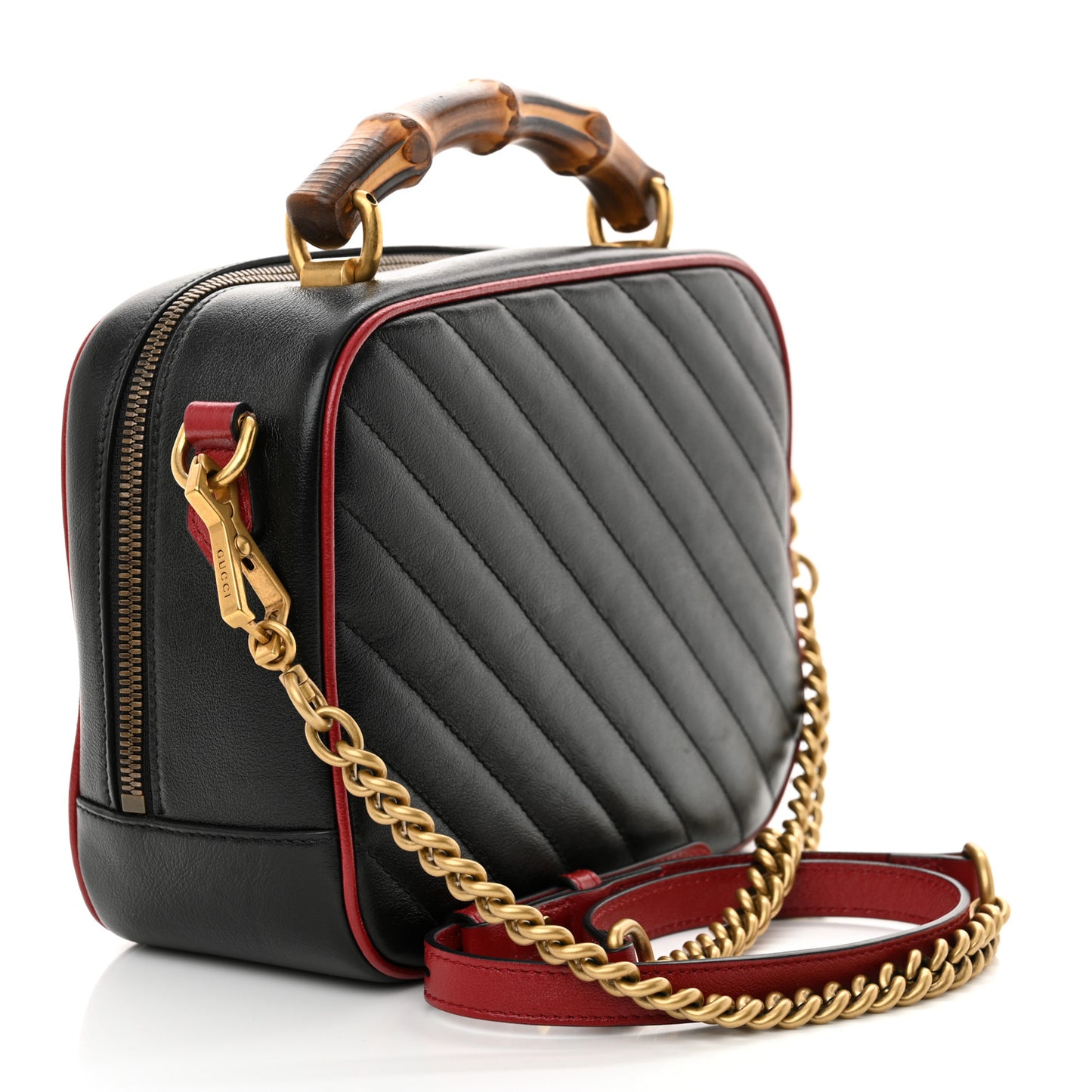 Vintage Effect Calfskin Matelasse Diagonal Small Torchon GG Marmont Bamboo Top Handle Shoulder Bag Black Romantic Cherry
