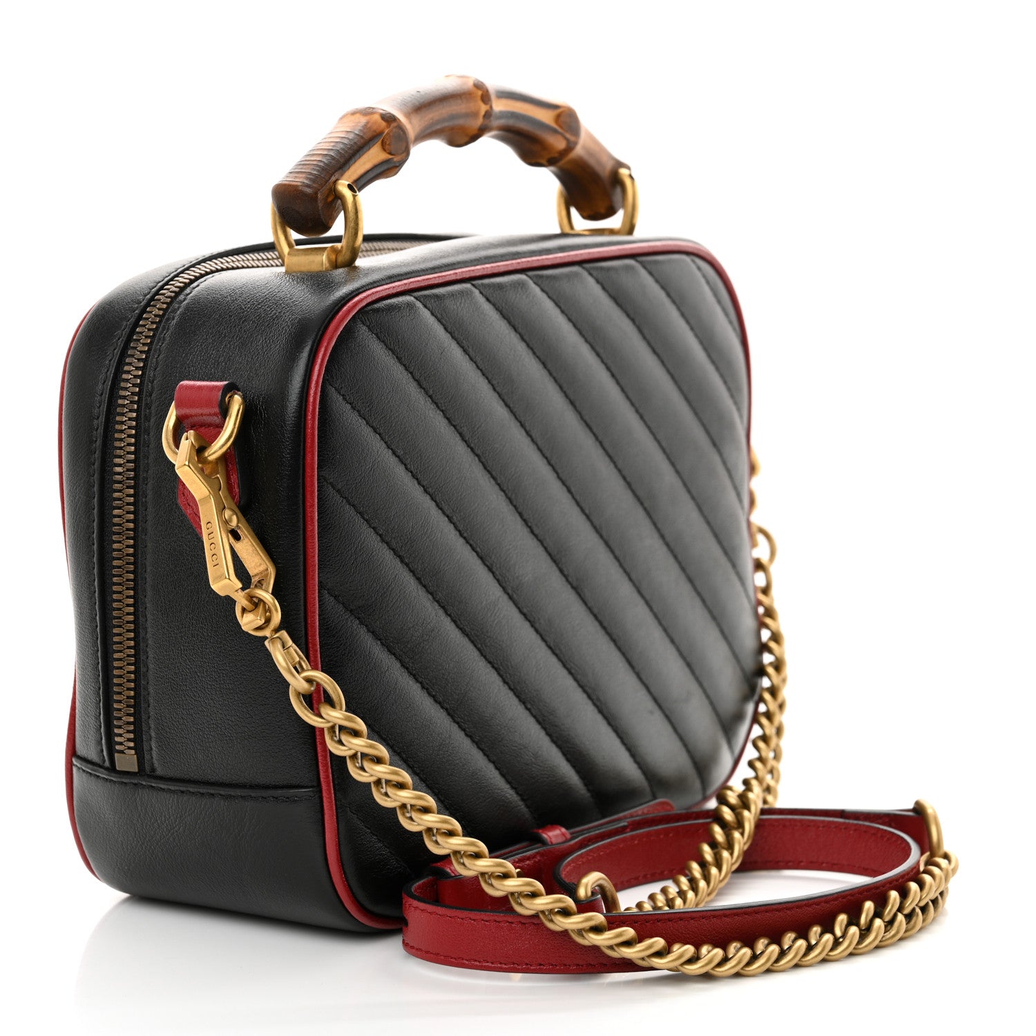 Gucci Vintage Effect Calfskin Matelasse Diagonal Small Torchon GG Marmont Bamboo Top Handle Shoulder Bag Black Romantic Cherry 3 of 11