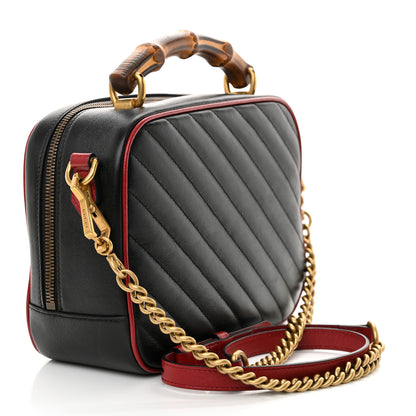 Gucci Vintage Effect Calfskin Matelasse Diagonal Small Torchon GG Marmont Bamboo Top Handle Shoulder Bag Black Romantic Cherry 3 of 11