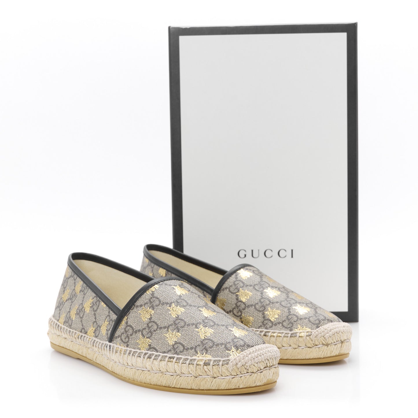 GG Supreme Monogram Bees Espadrille Flats 39 Beige Ebony Oro Black