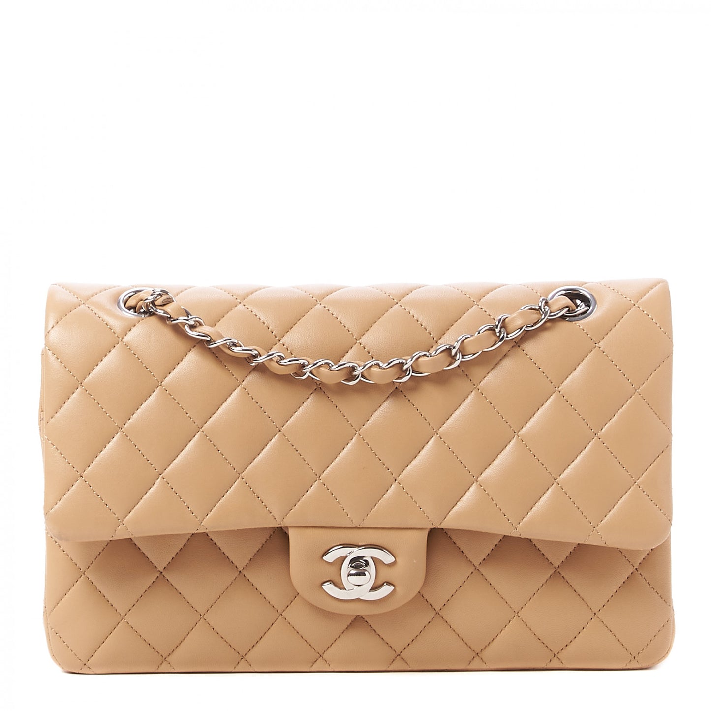 Lambskin Quilted Medium Double Flap Beige