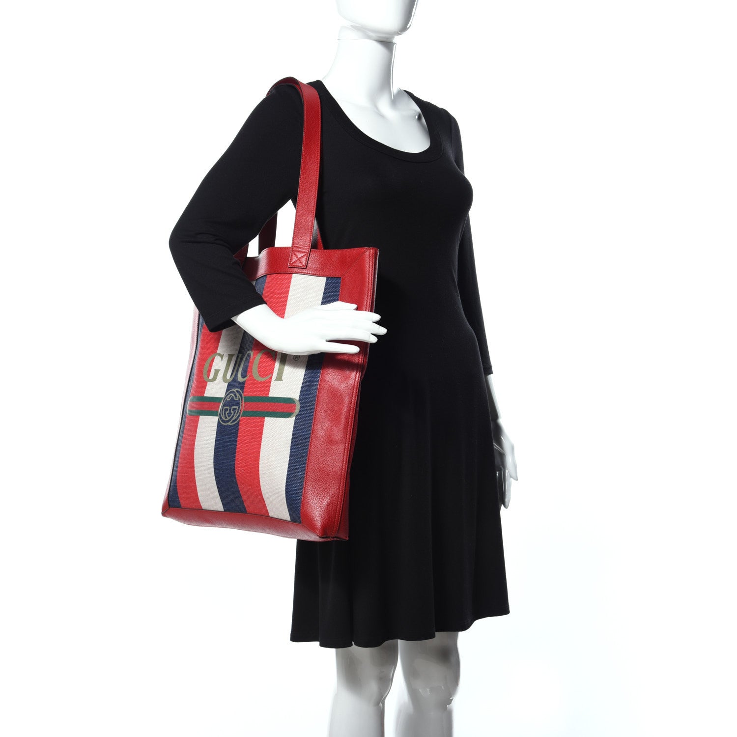 Gucci Canvas Calfskin Sylvie Stripe Logo Mens Tote Red White Blue 2 of 9