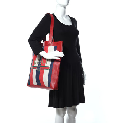 Gucci Canvas Calfskin Sylvie Stripe Logo Mens Tote Red White Blue 2 of 9