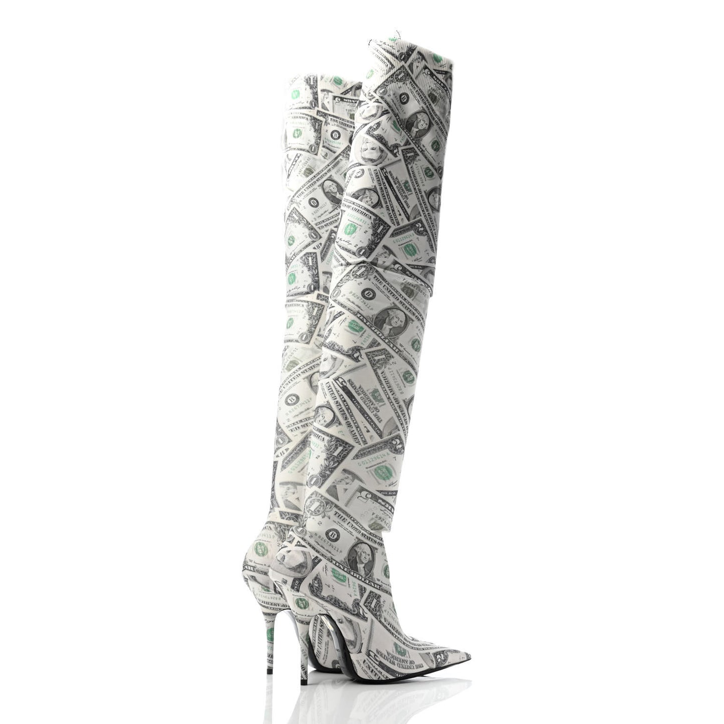 Spandex Dollars Print Pointed Toe Knife Thigh High Boots 37 Green