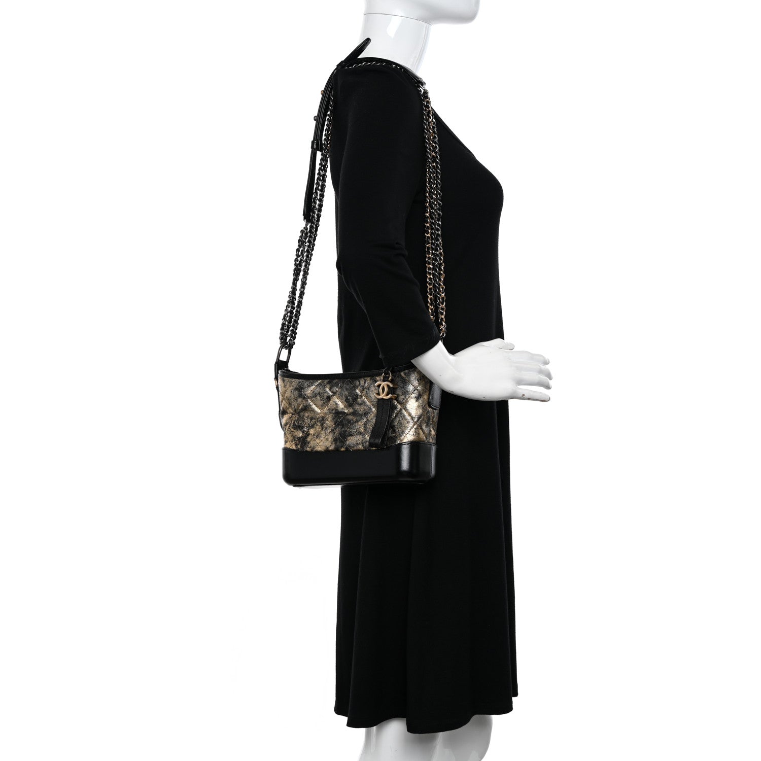 Chanel Metallic Crumpled Goatskin Quilted Small Gabrielle Hobo Black Gold 2 of 12