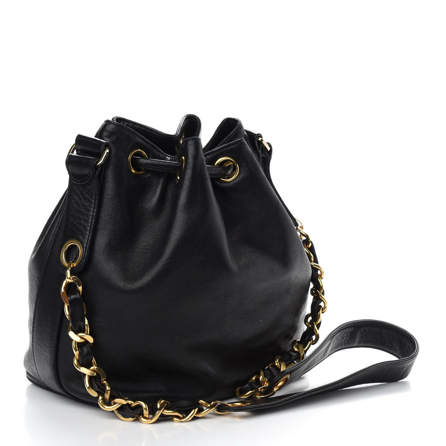 Chanel Lambskin CC Stitched Drawstring Bucket Bag Black 4 of 12