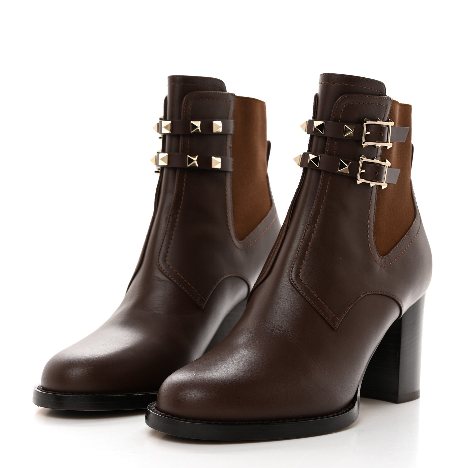 Valentino Garavani Calfskin Rockstud Double Buckle Beatle Chelsea 70mm Ankle Boots 39 Brown 3 of 8