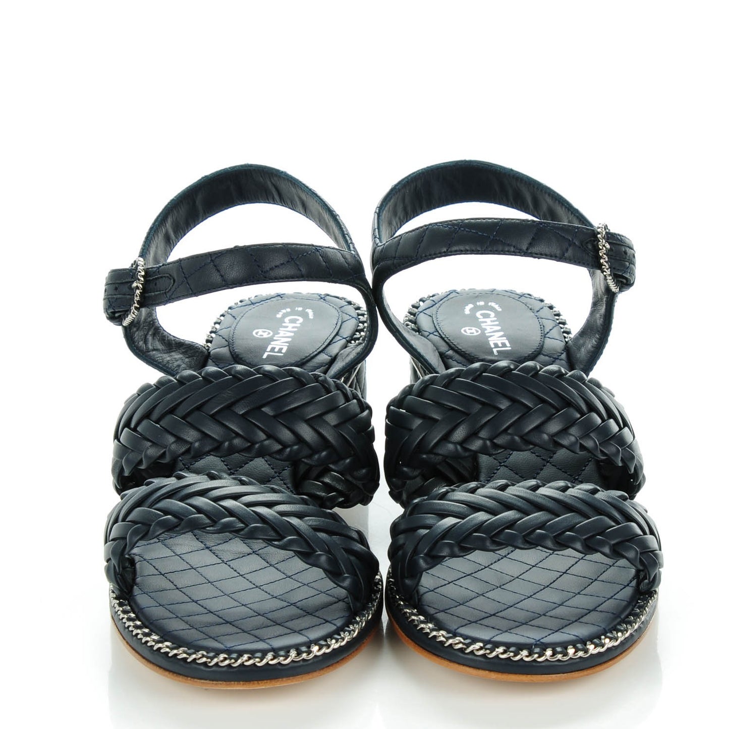 Calfskin Woven Chain Around CC Sandals 40.5 Navy Blue