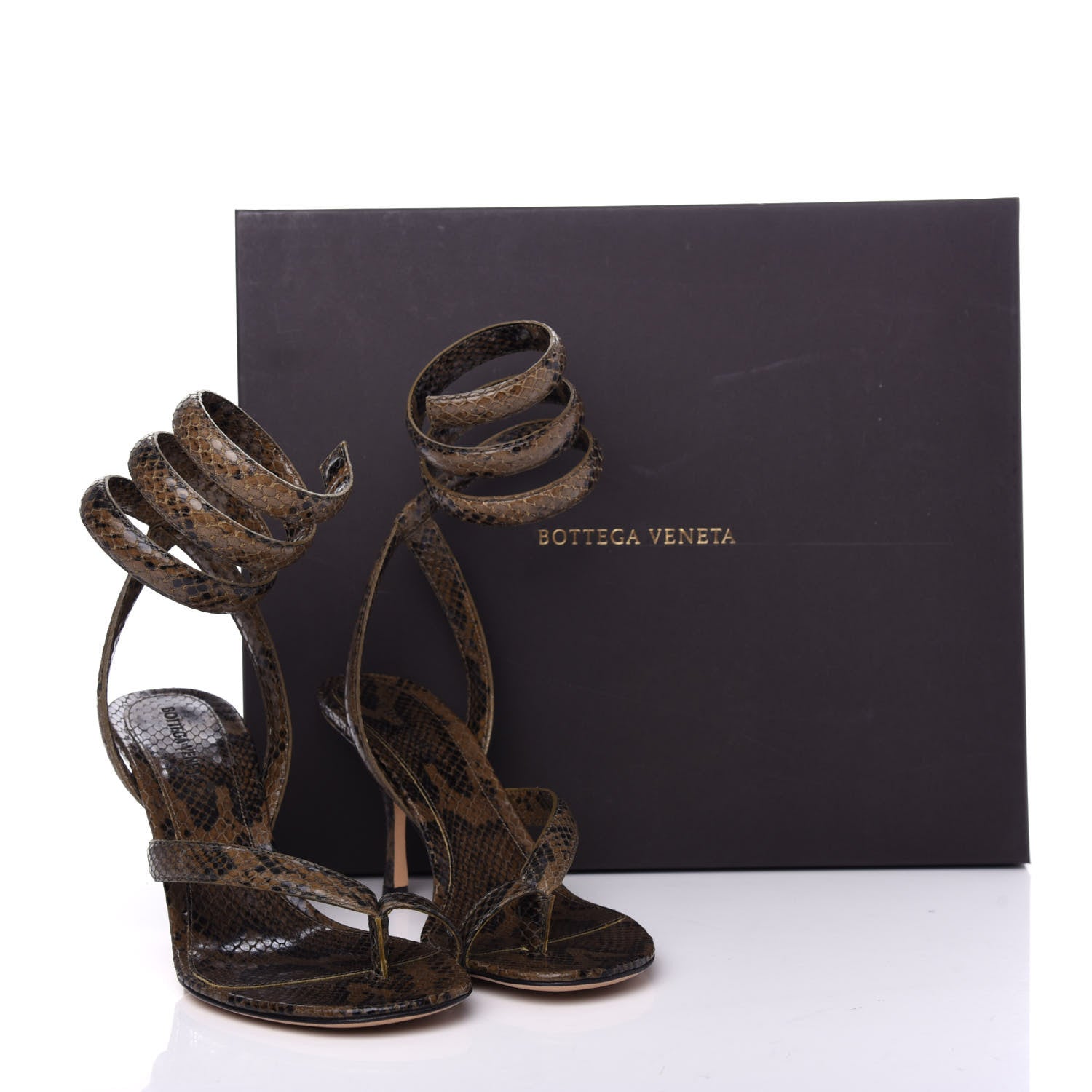 Bottega Veneta Python Printed Calfskin Spiral Sandals 40 Kaki