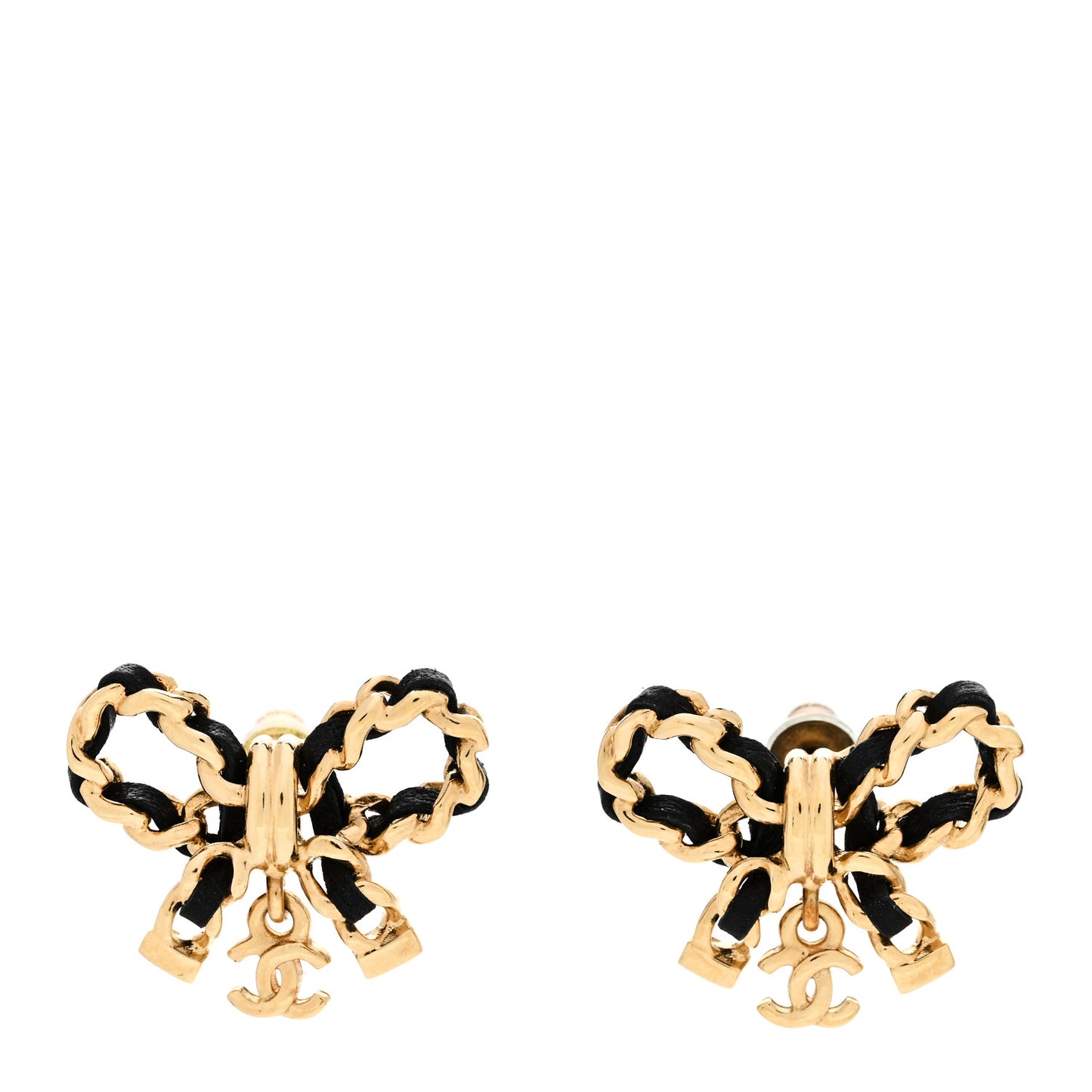 Lambskin Chain Bow Stud Earrings Black Gold