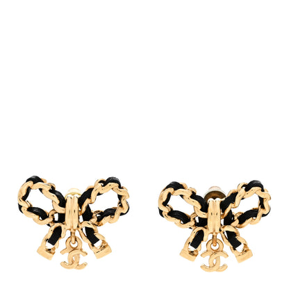 Chanel Lambskin Chain Bow Stud Earrings Black Gold 1 of 8