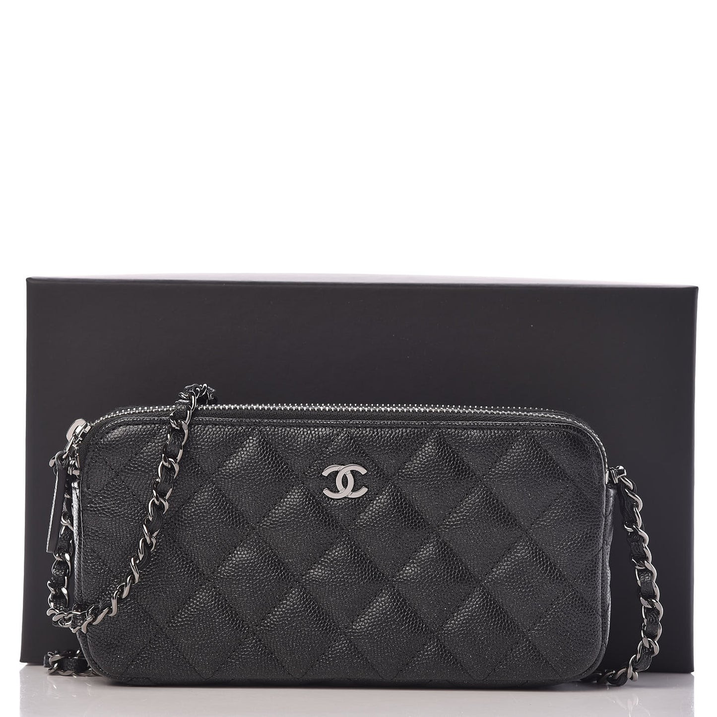 Iridescent Caviar Quilted Clutch With Chain Black