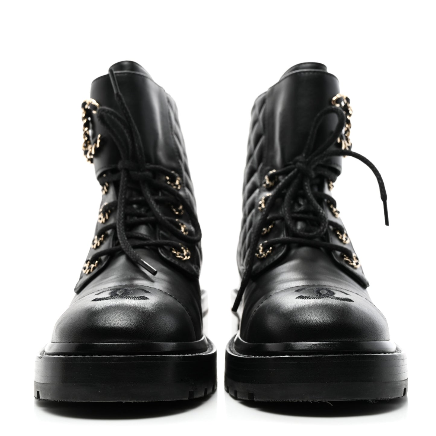 Shiny Goatskin Calfskin Quilted Lace Up Combat Boots 37.5 Black