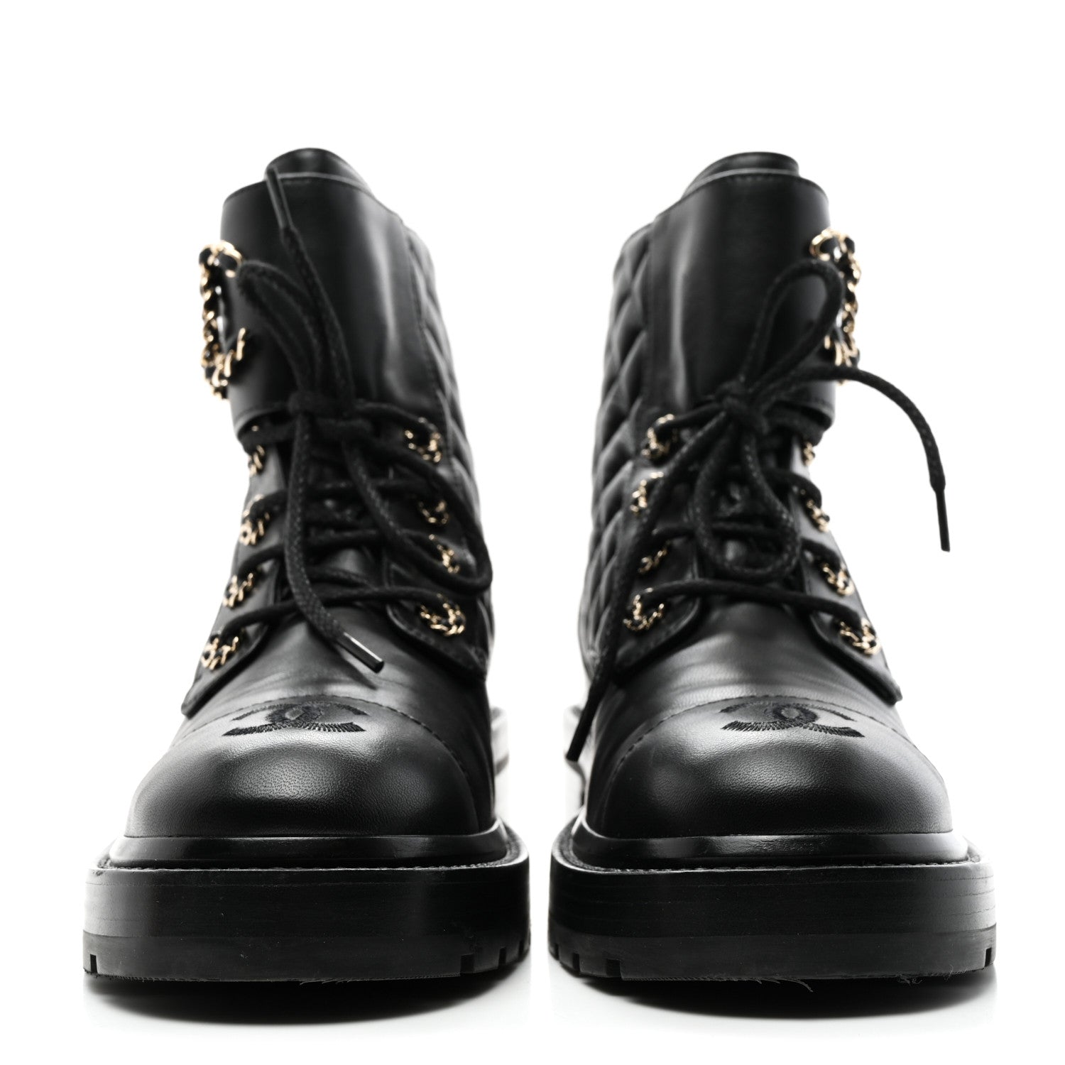 Chanel Shiny Goatskin Calfskin Quilted Lace Up Combat Boots 37.5 Black 2 of 10