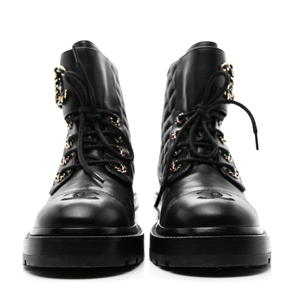 Chanel Shiny Goatskin Calfskin Quilted Lace Up Combat Boots 37.5 Black 2 of 10