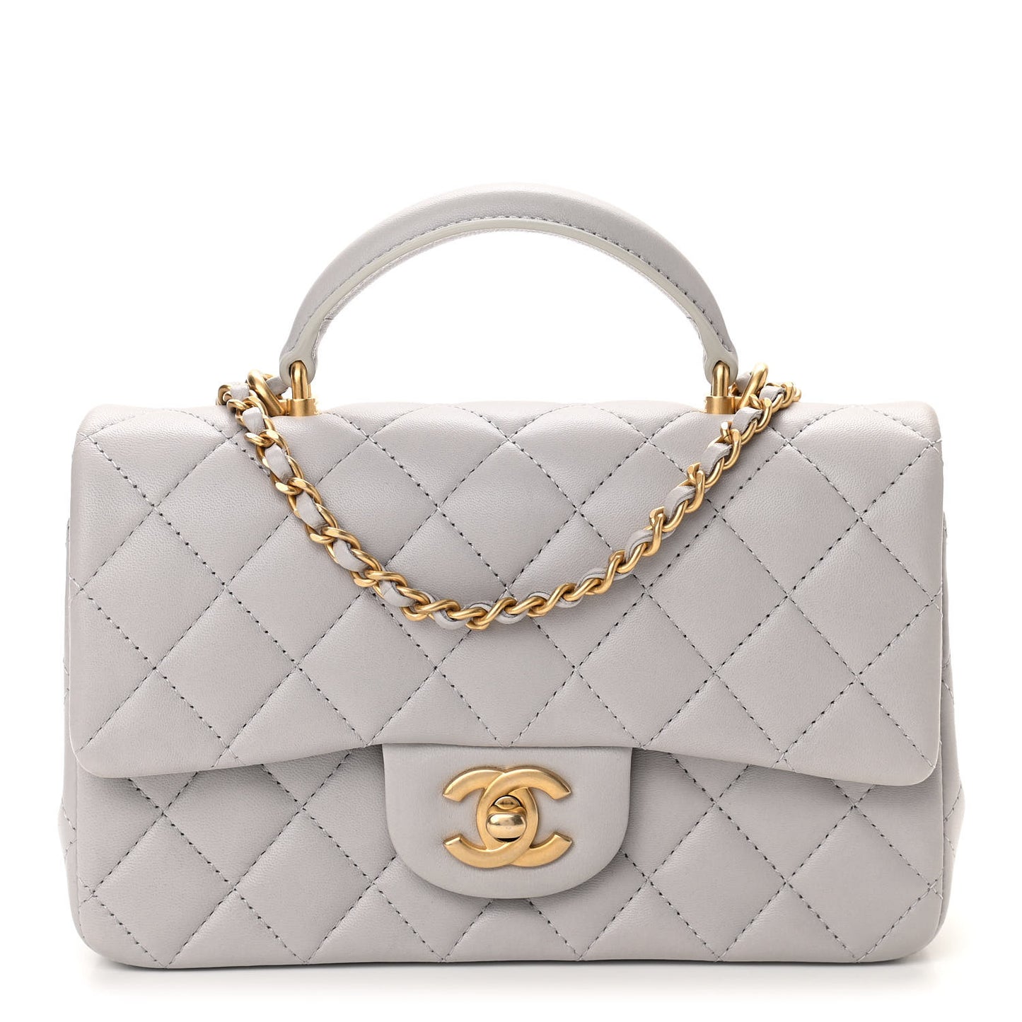 Lambskin Quilted Mini Top Handle Rectangular Flap Grey